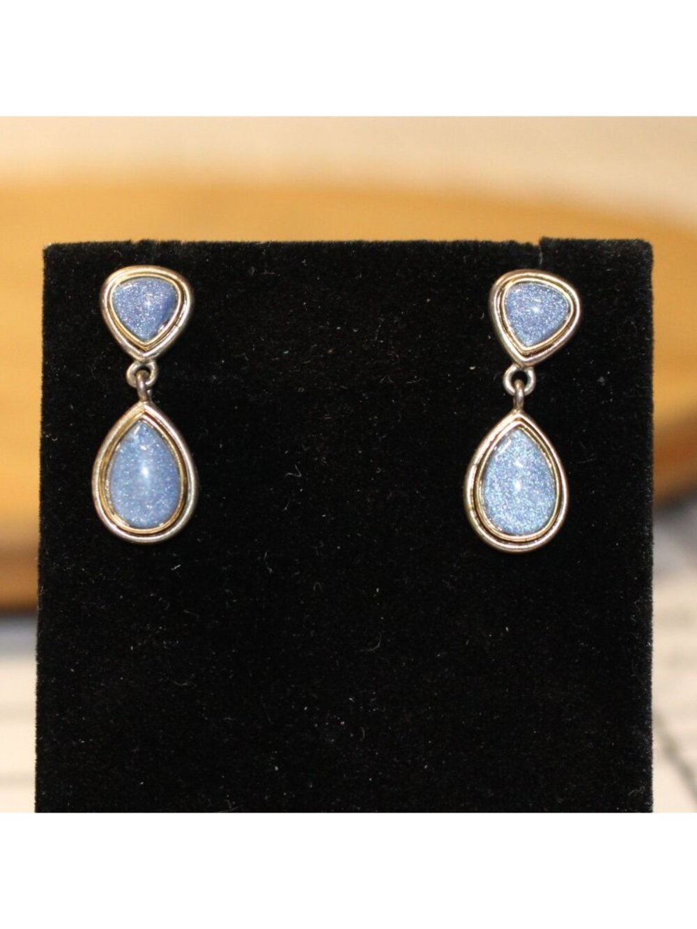 Vintage Silver-Tone Blue Druzy Quartz Teardrop Dangle Earrings